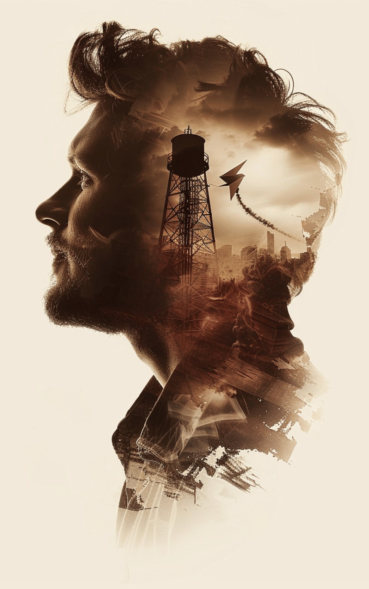 A man's profile blending into a fire tower, a paper airplane, and a distant skyline
